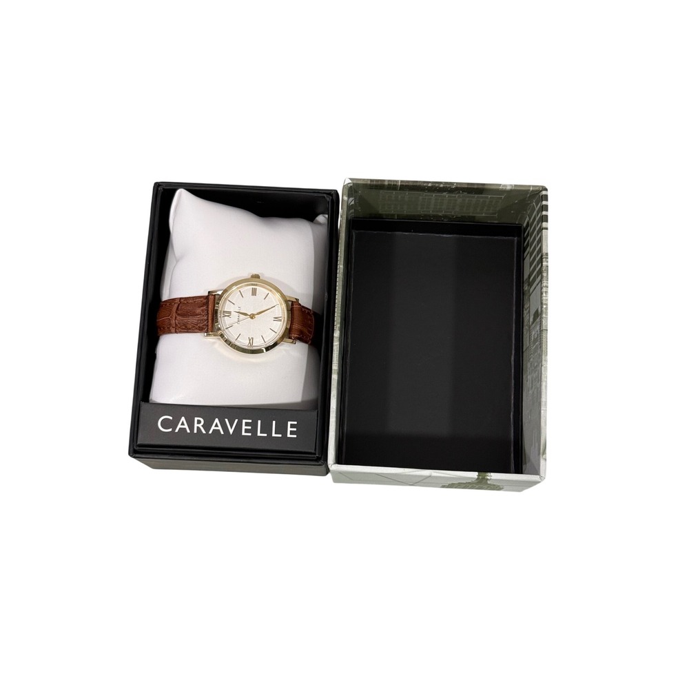 Caravelle by Bulova Gold Tone Watch‎ Brown Leather Strap 44L256 White Dial